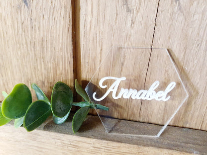 Modern Wedding Name Cards - Unique Personalised Wooden Wedding Place Cards - Clear Acrylic Engraved Wedding Favours - Wedding Place Cards