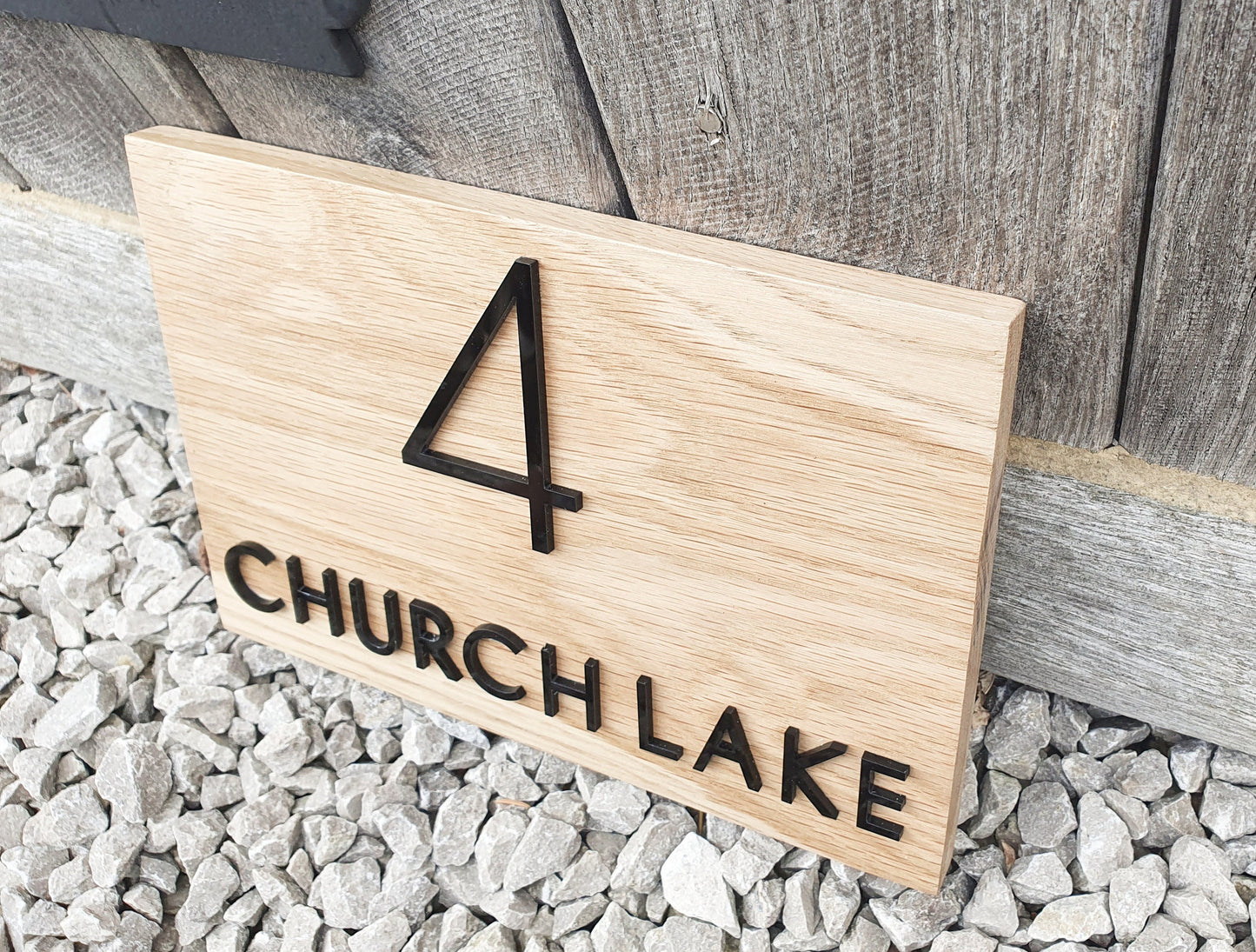 Address Sign Made From a Solid Oak Base and Raised Black Acrylic- House Number and Name Wood Plaque - Oak House Number and Name Sign