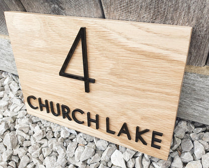 Address Sign Made From a Solid Oak Base and Raised Black Acrylic- House Number and Name Wood Plaque - Oak House Number and Name Sign