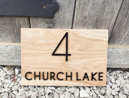 Address Sign Made From a Solid Oak Base and Raised Black Acrylic- House Number and Name Wood Plaque - Oak House Number and Name Sign