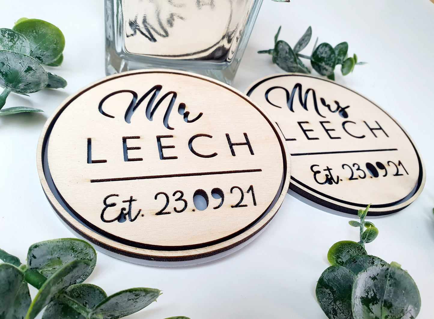 Mr and Mrs Personalised Wooden Coasters - Small Wedding Gift - Small Present for Wedding - Rustic Wedding Coasters