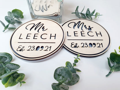 Mr and Mrs Personalised Wooden Coasters - Small Wedding Gift - Small Present for Wedding - Rustic Wedding Coasters