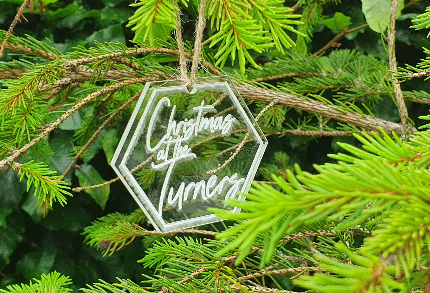 Personalised Christmas Family Name Engraved Clear Acrylic Bauble - Custom Christmas Family Name Tree Decoration