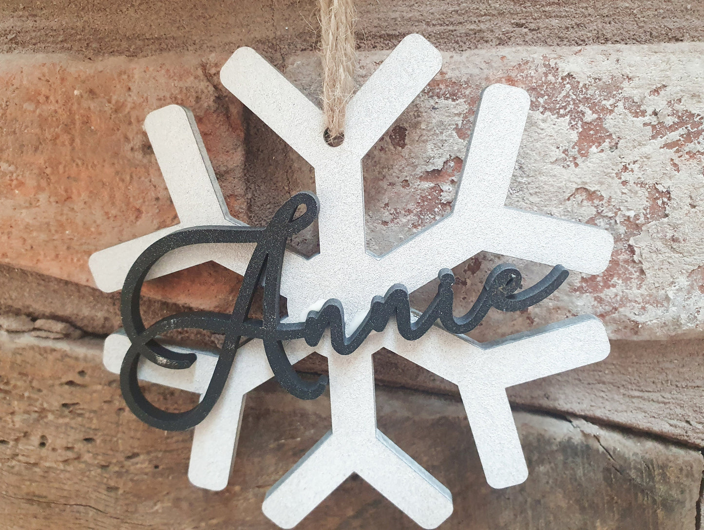 Personalised Christmas Snowflake Name Wood Bauble - Custom Wooden Winter Snowflake Name Sign Name - Black and White Christmas Bauble