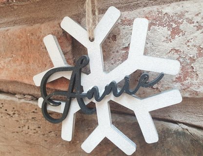 Personalised Christmas Snowflake Name Wood Bauble - Custom Wooden Winter Snowflake Name Sign Name - Black and White Christmas Bauble