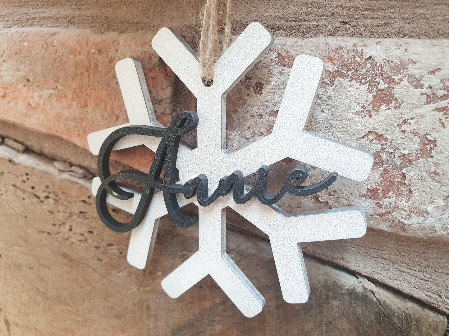 Personalised Christmas Snowflake Name Wood Bauble - Custom Wooden Winter Snowflake Name Sign Name - Black and White Christmas Bauble