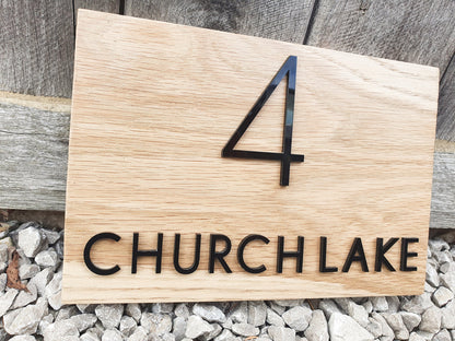 Address Sign Made From a Solid Oak Base and Raised Black Acrylic- House Number and Name Wood Plaque - Oak House Number and Name Sign