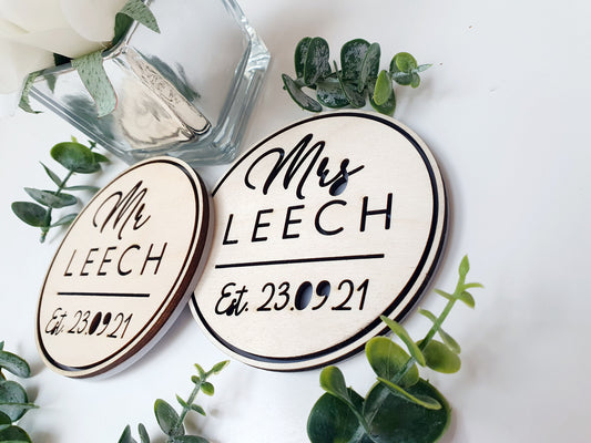 Mr and Mrs Personalised Wooden Coasters - Small Wedding Gift - Small Present for Wedding - Rustic Wedding Coasters