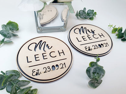 Mr and Mrs Personalised Wooden Coasters - Small Wedding Gift - Small Present for Wedding - Rustic Wedding Coasters