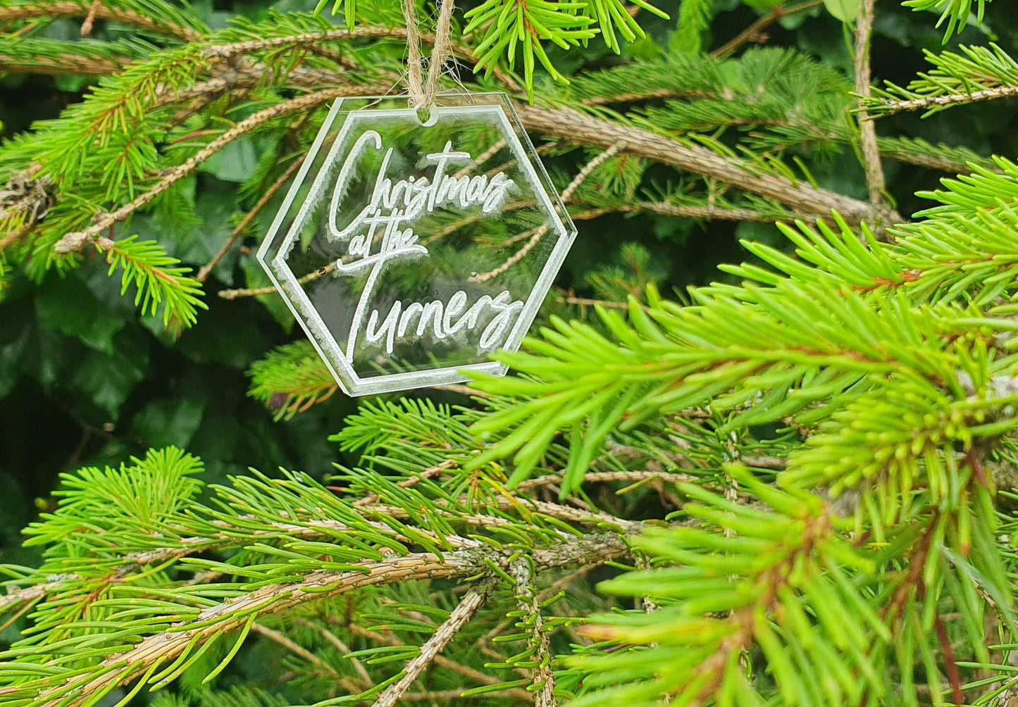 Personalised Christmas Family Name Engraved Clear Acrylic Bauble - Custom Christmas Family Name Tree Decoration