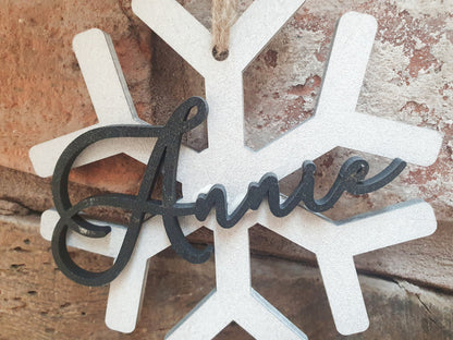 Personalised Christmas Snowflake Name Wood Bauble - Custom Wooden Winter Snowflake Name Sign Name - Black and White Christmas Bauble