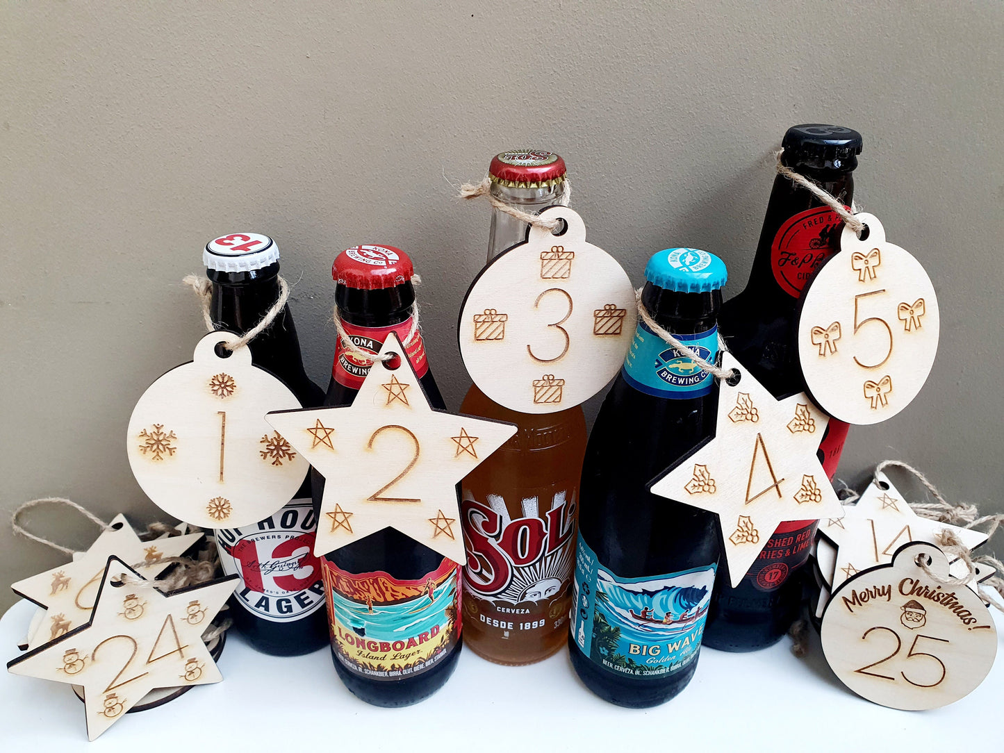 Advent Calendar Wooden Tags with Different Shapes and Icons on Each. Includes Twine.