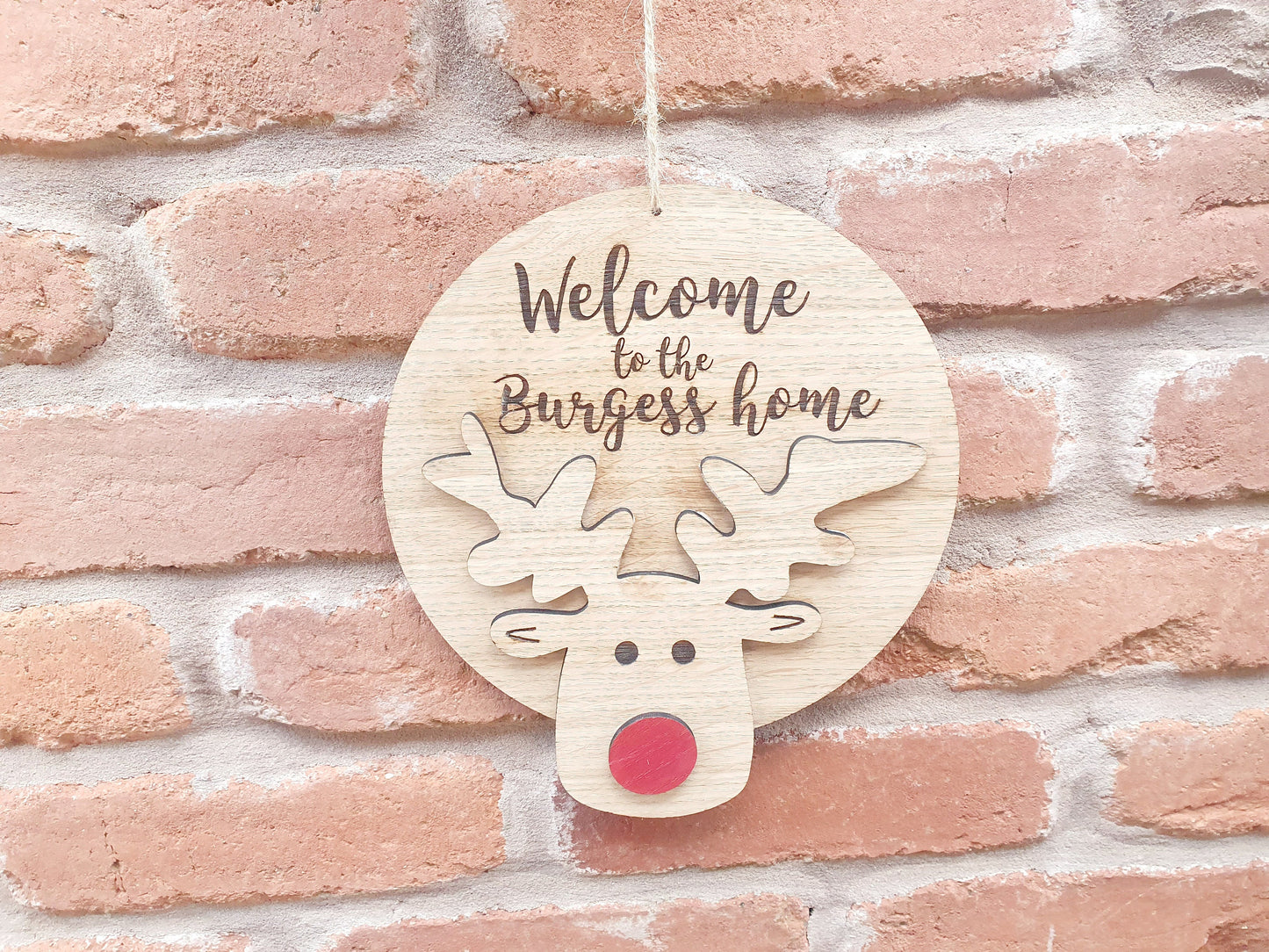 Personalised Christmas Reindeer Welcome Door Sign - Family Wooden Reindeer Christmas Sign - Rudolph the red nose reindeer Family Sign