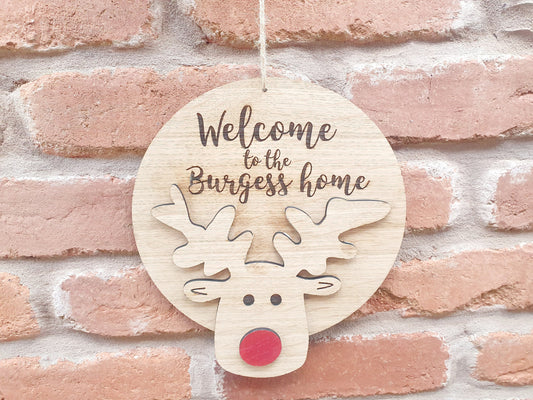 Personalised Christmas Reindeer Welcome Door Sign - Family Wooden Reindeer Christmas Sign - Rudolph the red nose reindeer Family Sign