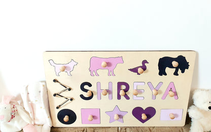 Large Personalised Wooden Toddler Puzzle - Toddler Busy Board - Peg Board with Toddlers Name, Shapes and Animals (Range of Colours).