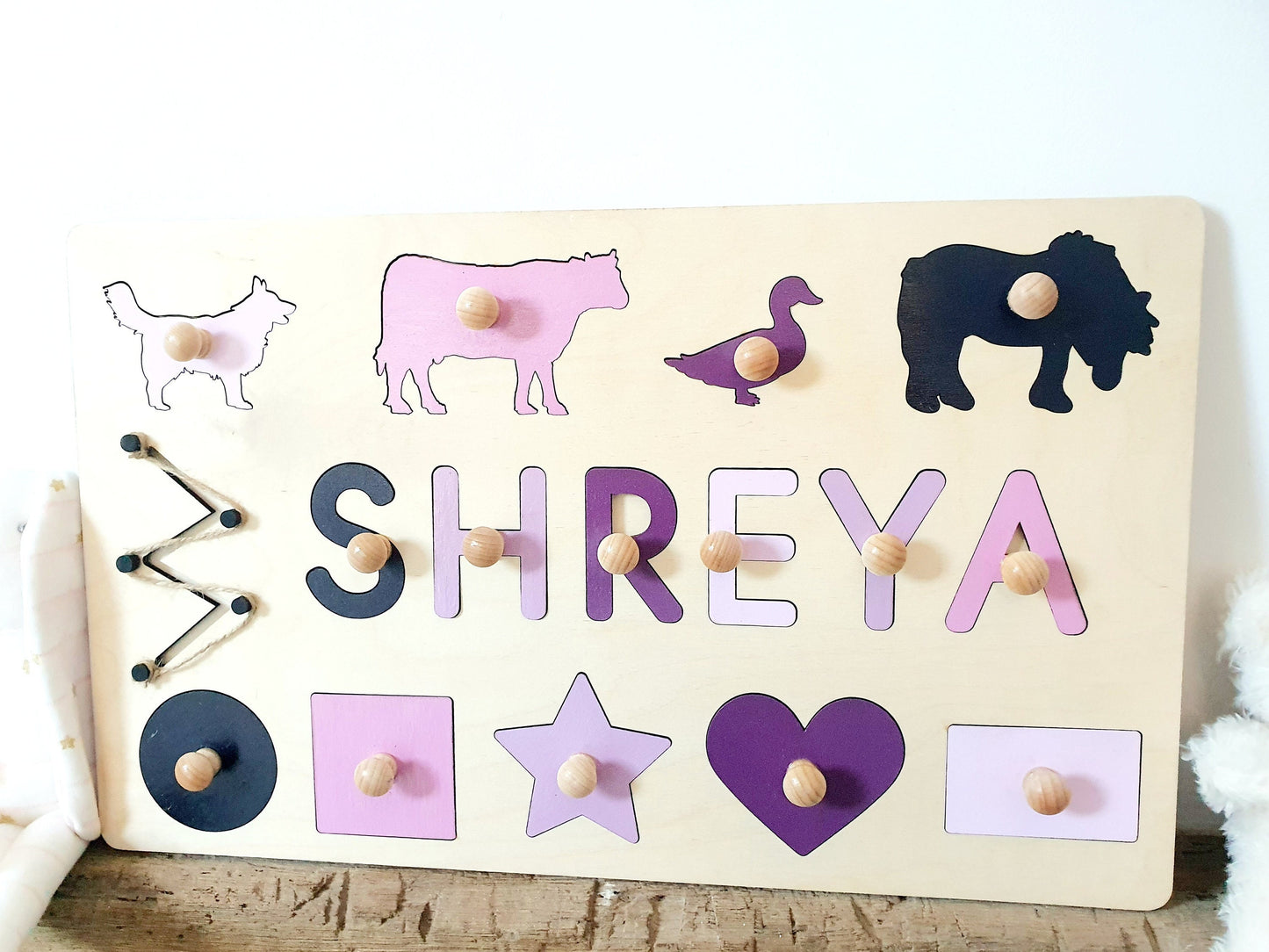 Large Personalised Wooden Toddler Puzzle - Toddler Busy Board - Peg Board with Toddlers Name, Shapes and Animals (Range of Colours).