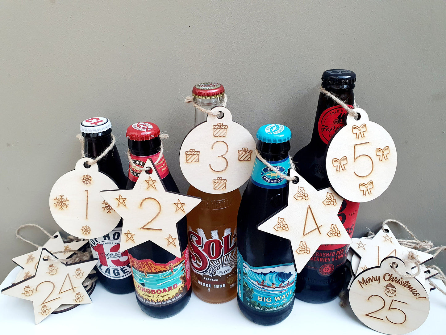 Advent Calendar Wooden Tags with Different Shapes and Icons on Each. Includes Twine.