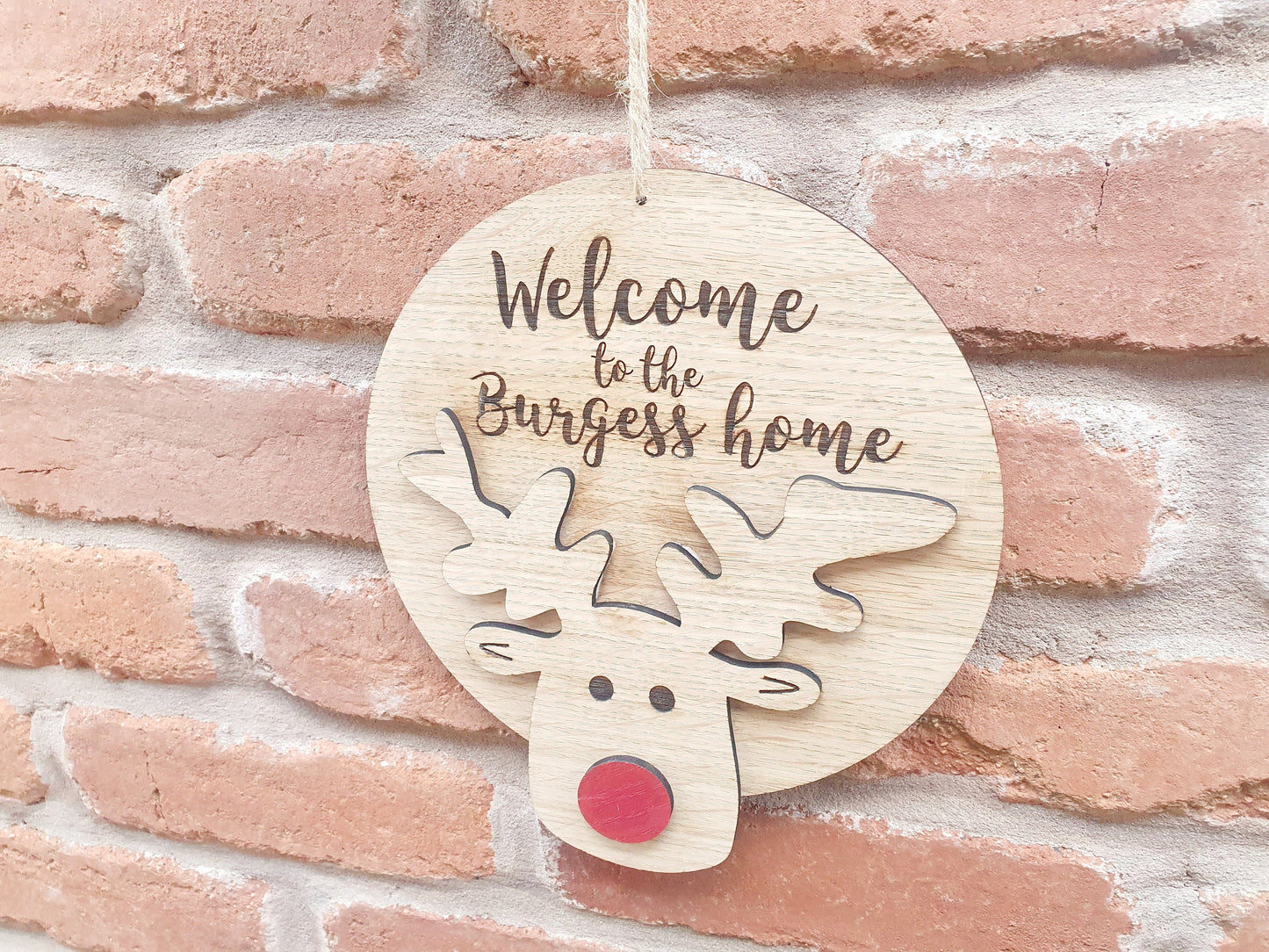 Personalised Christmas Reindeer Welcome Door Sign - Family Wooden Reindeer Christmas Sign - Rudolph the red nose reindeer Family Sign