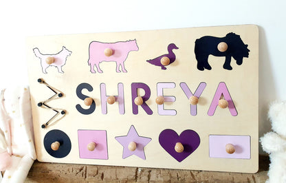 Large Personalised Wooden Toddler Puzzle - Toddler Busy Board - Peg Board with Toddlers Name, Shapes and Animals (Range of Colours).