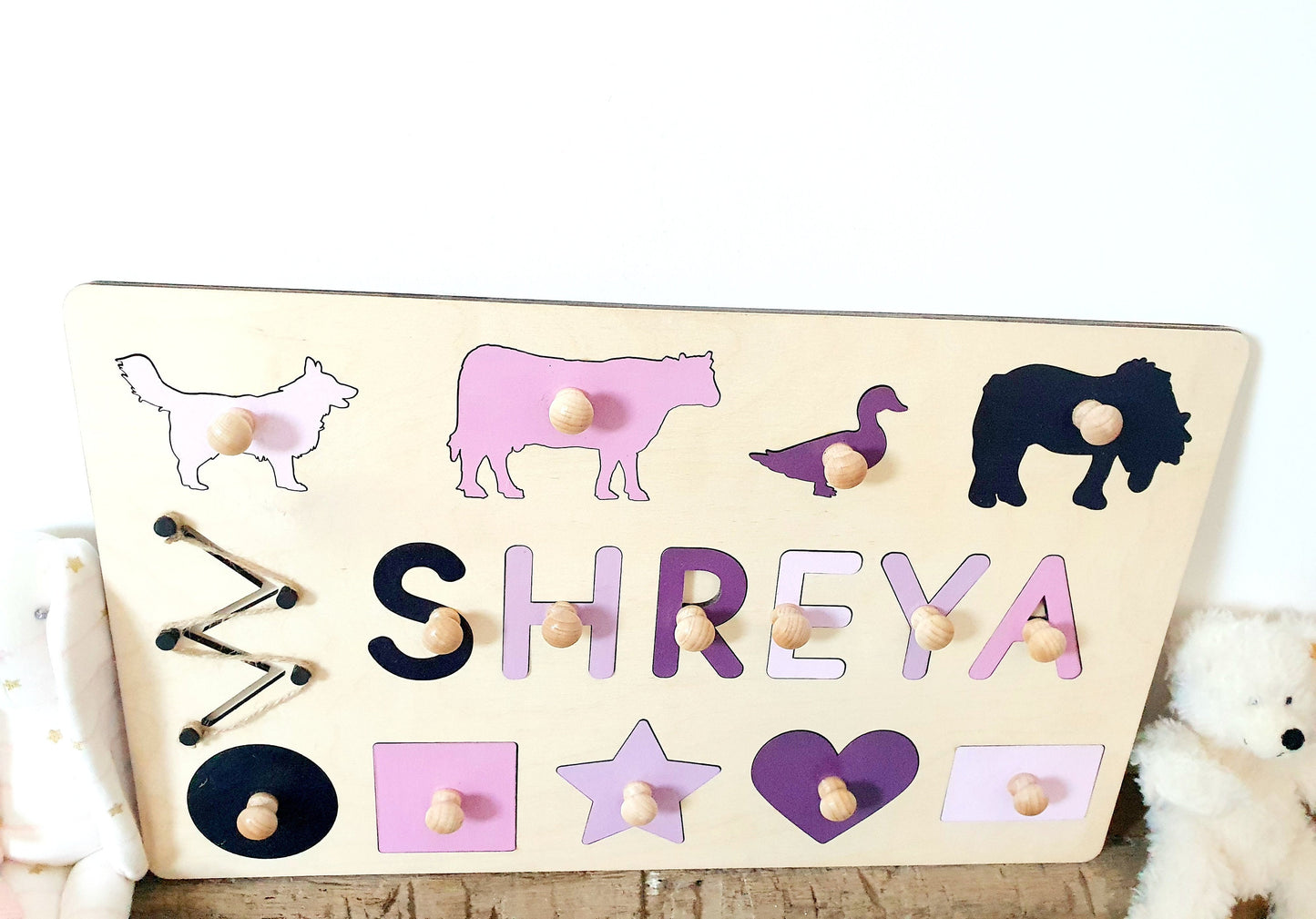 Large Personalised Wooden Toddler Puzzle - Toddler Busy Board - Peg Board with Toddlers Name, Shapes and Animals (Range of Colours).