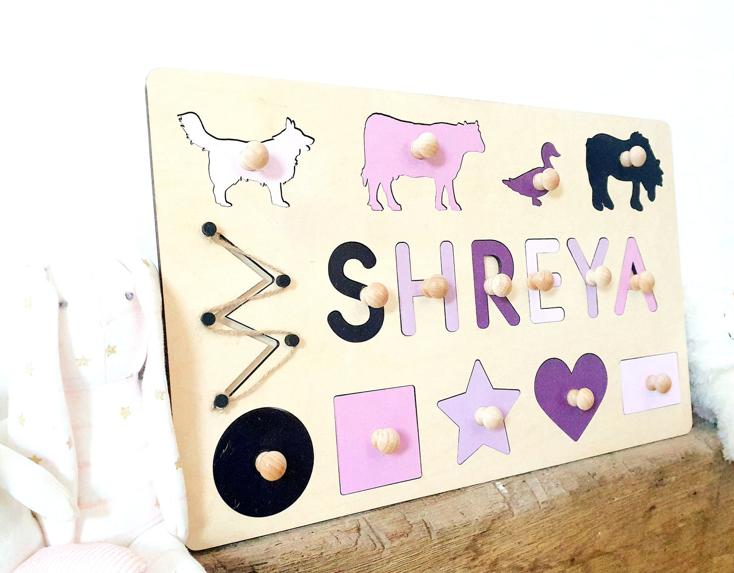 Large Personalised Wooden Toddler Puzzle - Toddler Busy Board - Peg Board with Toddlers Name, Shapes and Animals (Range of Colours).