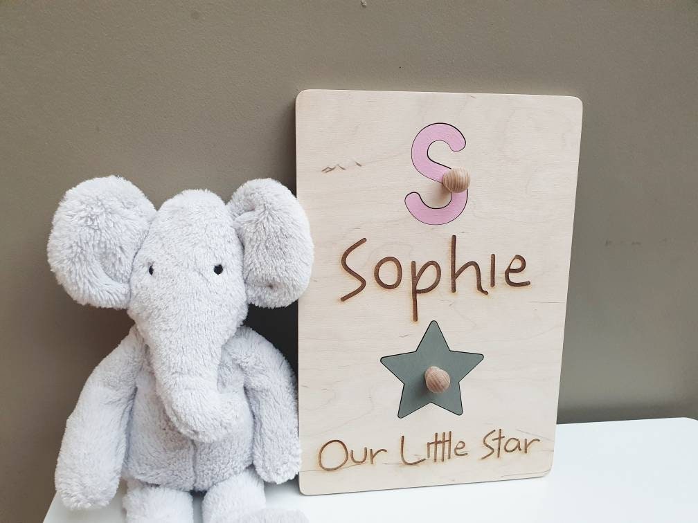 Personalised Wood Baby Initials Puzzle - Our Little Star Peg Board - Child Stocking Filler - Small Gift for Child - Range of Colours