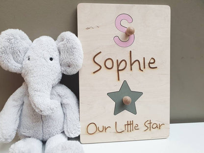 Personalised Wood Baby Initials Puzzle - Our Little Star Peg Board - Child Stocking Filler - Small Gift for Child - Range of Colours