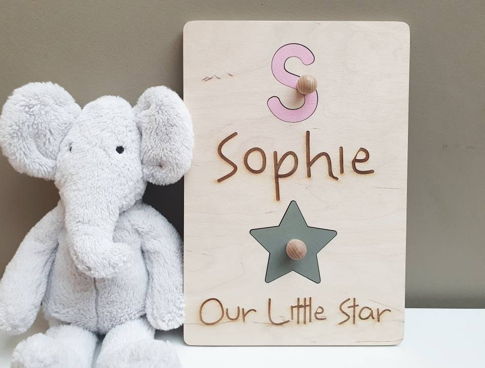 Personalised Wood Baby Initials Puzzle - Our Little Star Peg Board - Child Stocking Filler - Small Gift for Child - Range of Colours