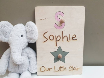 Personalised Wood Baby Initials Puzzle - Our Little Star Peg Board - Child Stocking Filler - Small Gift for Child - Range of Colours