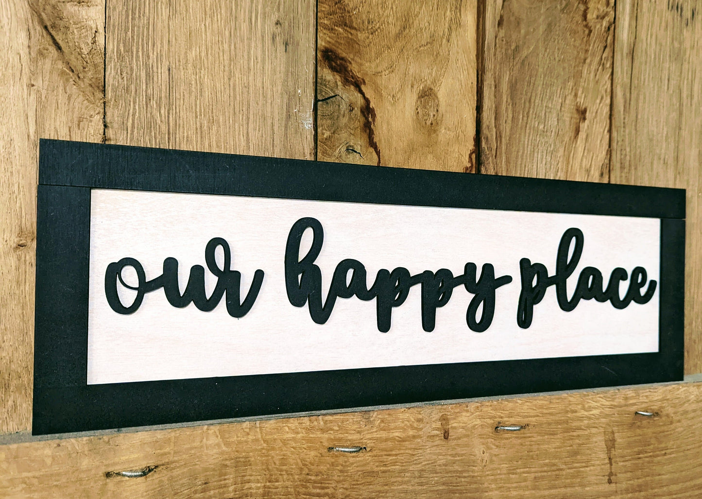 Our Happy Place Rustic Painted Wooden Home Sign - Quote Wall Sign