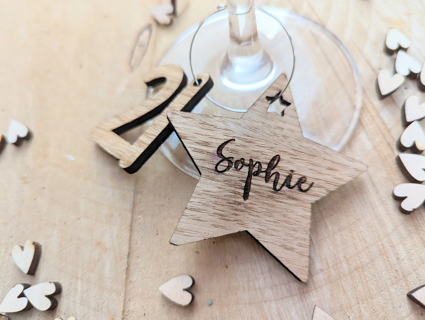 Personalised birthday wine glass charms  - Wooden birthday wine glass charms with name and birthday age. Birthday wine glass charms