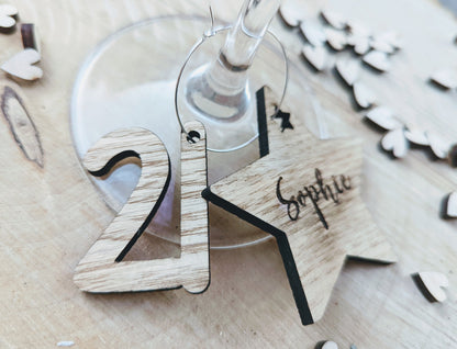 Personalised birthday wine glass charms  - Wooden birthday wine glass charms with name and birthday age. Birthday wine glass charms