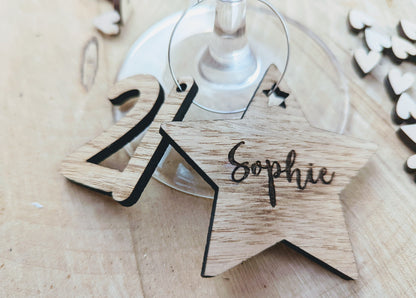 Personalised birthday wine glass charms  - Wooden birthday wine glass charms with name and birthday age. Birthday wine glass charms