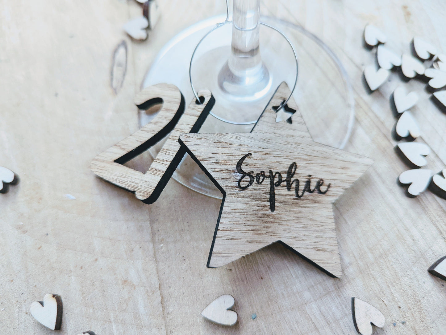 Personalised birthday wine glass charms  - Wooden birthday wine glass charms with name and birthday age. Birthday wine glass charms