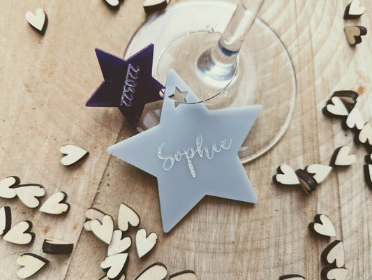 Personalised wine glass star charms - Acrylic wine glass charms available in range of colours - Wine glass charms with name and date