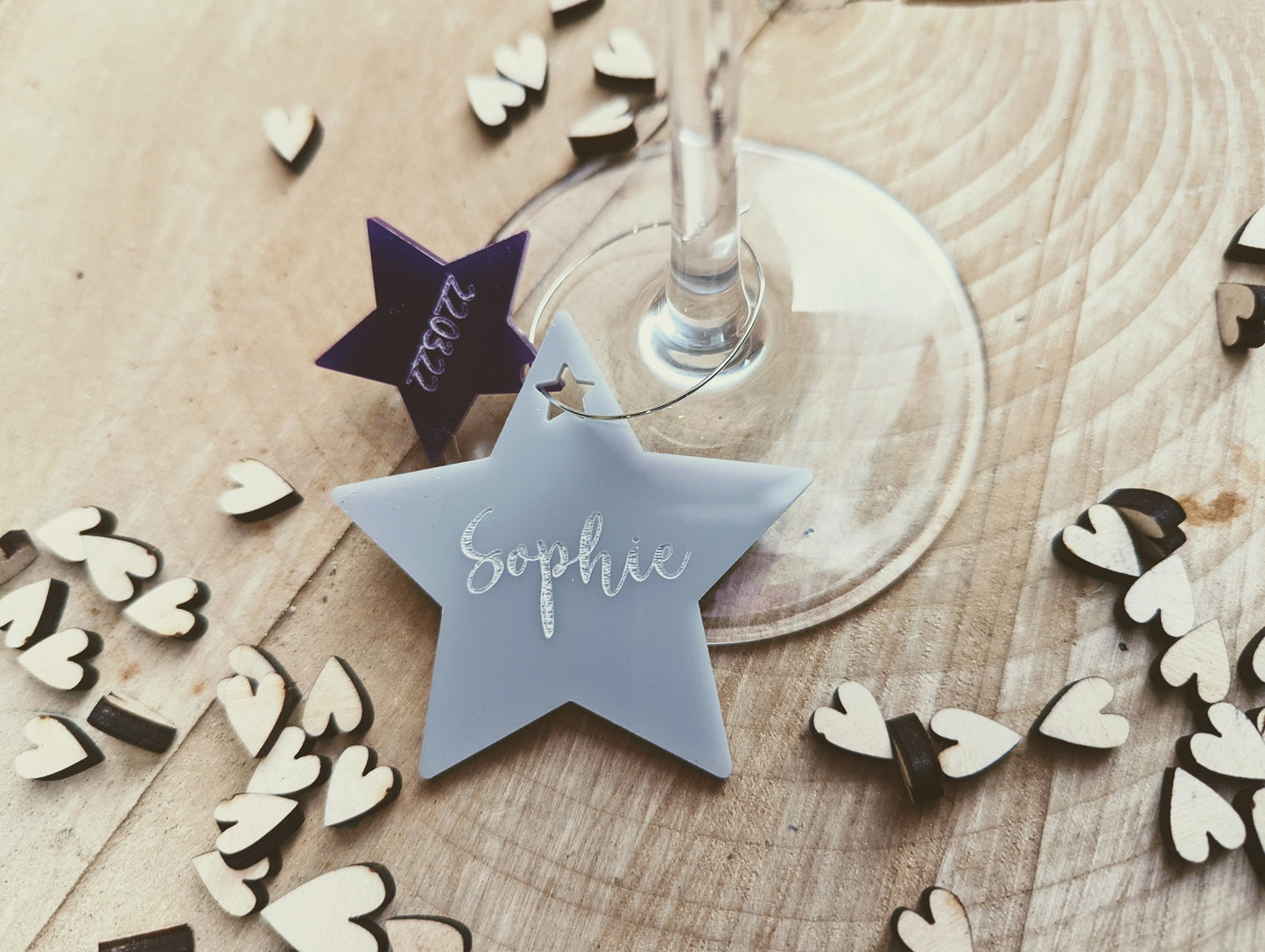 Personalised wine glass star charms - Acrylic wine glass charms available in range of colours - Wine glass charms with name and date