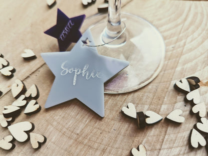 Personalised wine glass star charms - Acrylic wine glass charms available in range of colours - Wine glass charms with name and date