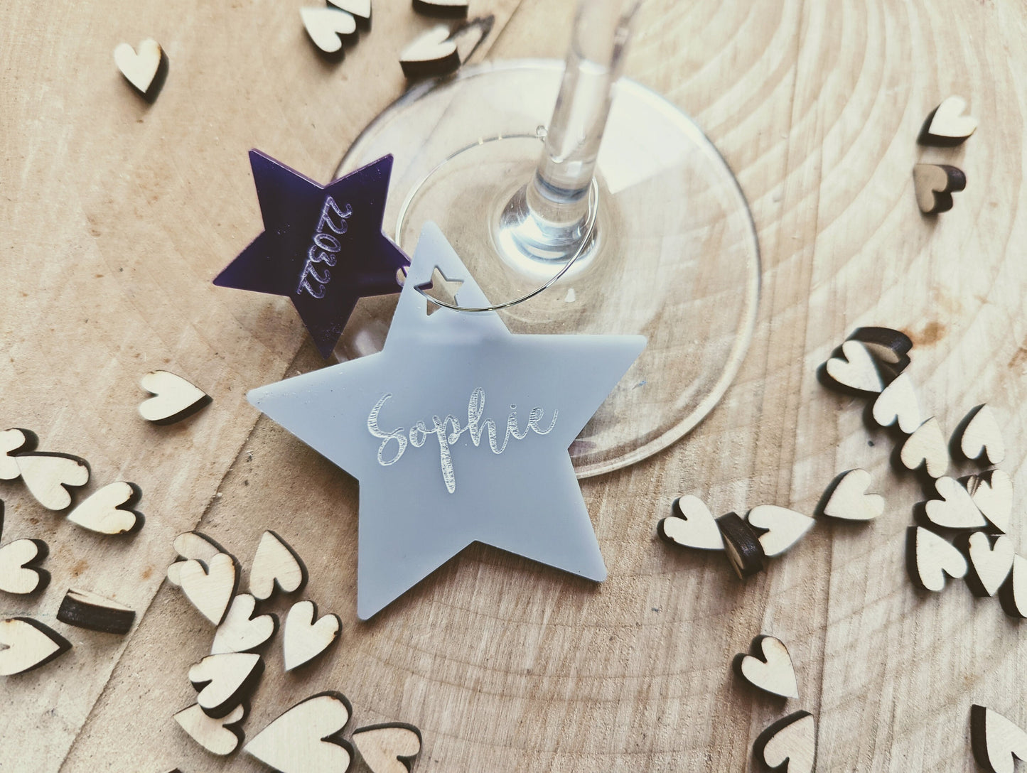 Personalised wine glass star charms - Acrylic wine glass charms available in range of colours - Wine glass charms with name and date