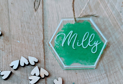 Modern Acrylic Name Places With Hexagon Shape And Different Colour Splash Backs - Unique Personalised Acrylic Favours  - Wedding Titles