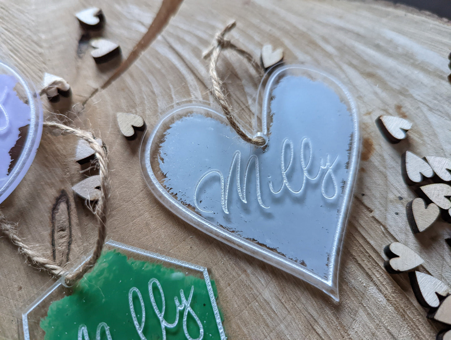 Modern Acrylic Name Places in Heart Shape And Different Colour Splash Backs - Unique Personalised Acrylic Favours  - Wedding Titles