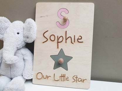 Personalised Wood Baby Initials Puzzle - Our Little Star Peg Board - Child Stocking Filler - Small Gift for Child - Range of Colours