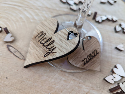 Personalised wine glass charms - Rustic heart drinks charm - Wood place names  - Wine glass charms with name and date.