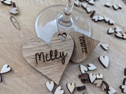 Personalised wine glass charms - Rustic heart drinks charm - Wood place names  - Wine glass charms with name and date.