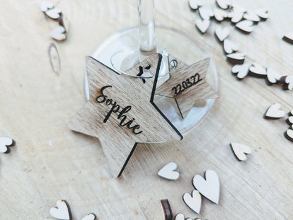 Personalised rustic star wine glass charms - Wooden personalised wine glass charms - Wine glass charm with name and date