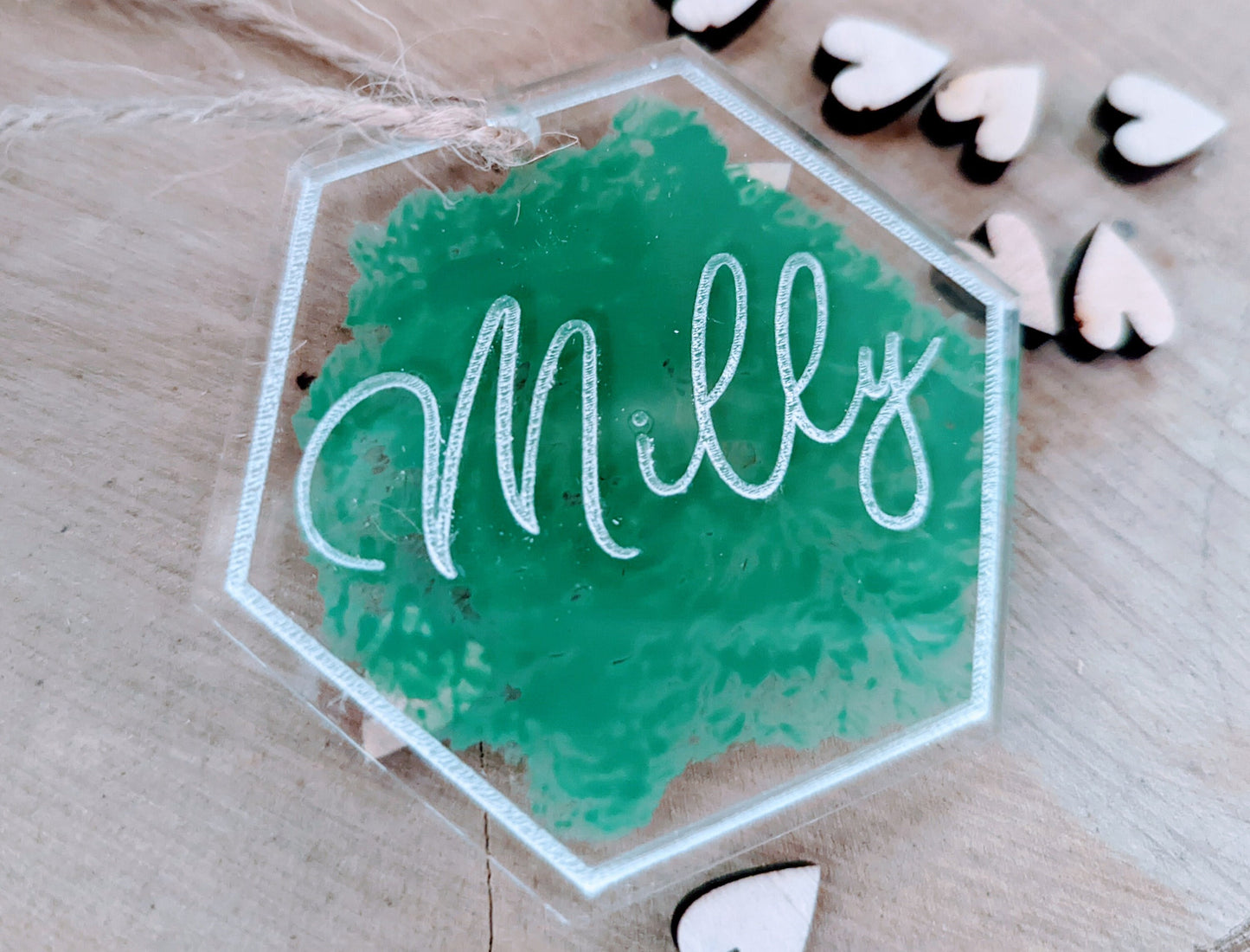 Modern Acrylic Name Places With Hexagon Shape And Different Colour Splash Backs - Unique Personalised Acrylic Favours  - Wedding Titles