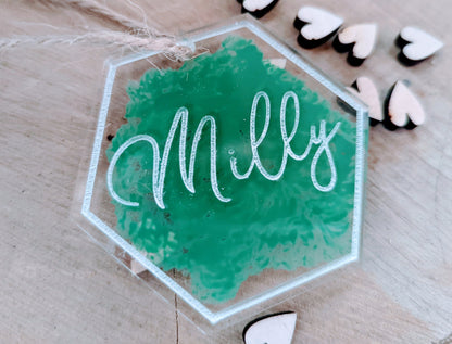 Modern Acrylic Name Places With Hexagon Shape And Different Colour Splash Backs - Unique Personalised Acrylic Favours  - Wedding Titles