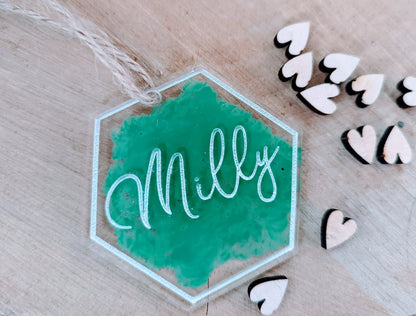 Modern Acrylic Name Places With Hexagon Shape And Different Colour Splash Backs - Unique Personalised Acrylic Favours  - Wedding Titles