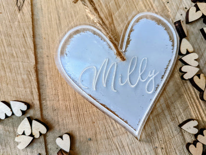 Modern Acrylic Name Places in Heart Shape And Different Colour Splash Backs - Unique Personalised Acrylic Favours  - Wedding Titles