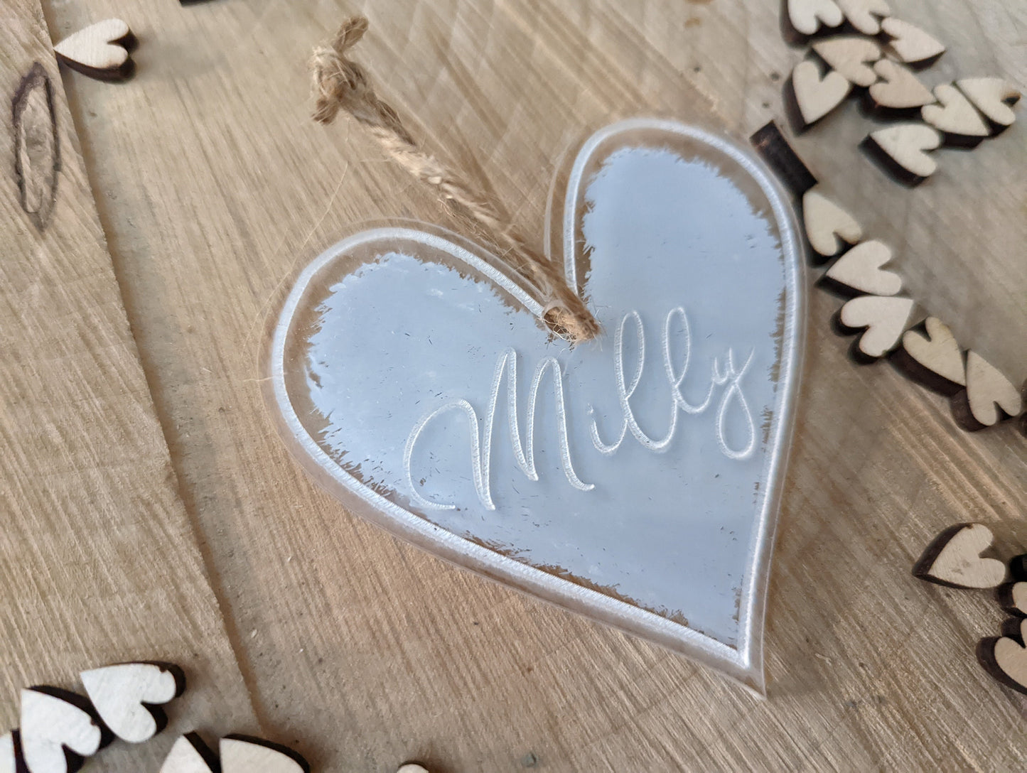 Modern Acrylic Name Places in Heart Shape And Different Colour Splash Backs - Unique Personalised Acrylic Favours  - Wedding Titles