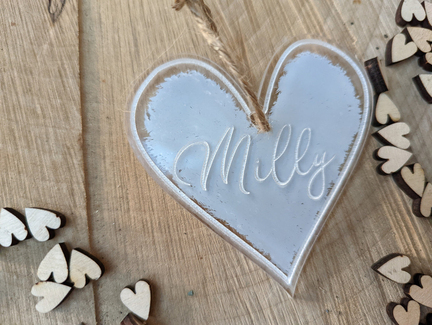 Modern Acrylic Name Places in Heart Shape And Different Colour Splash Backs - Unique Personalised Acrylic Favours  - Wedding Titles